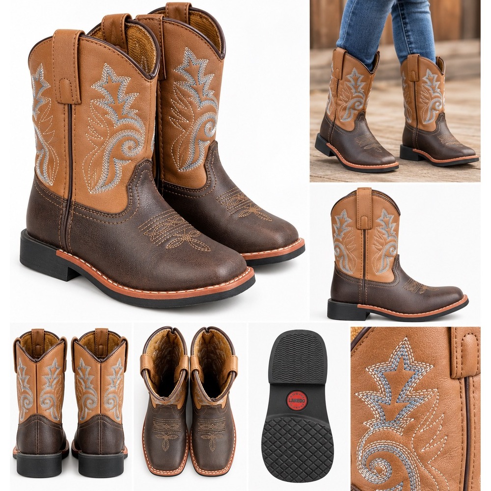 Laredo Kids 10.5 D Brown Leather Western Cowboy Boots Embroidered Square Toe